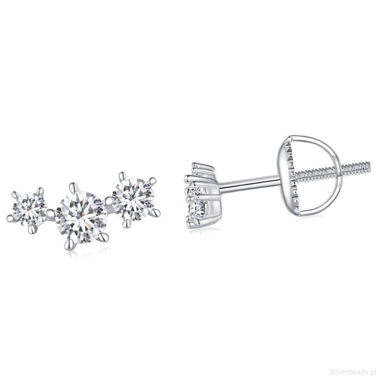 Srebrne potrójne  kolczyki sztyfty Moissanity 0,1  ct srebro 925