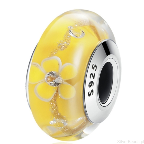 Charms szklany koralik z brokatem i żółtymi kwiatami szkło srebro 925
