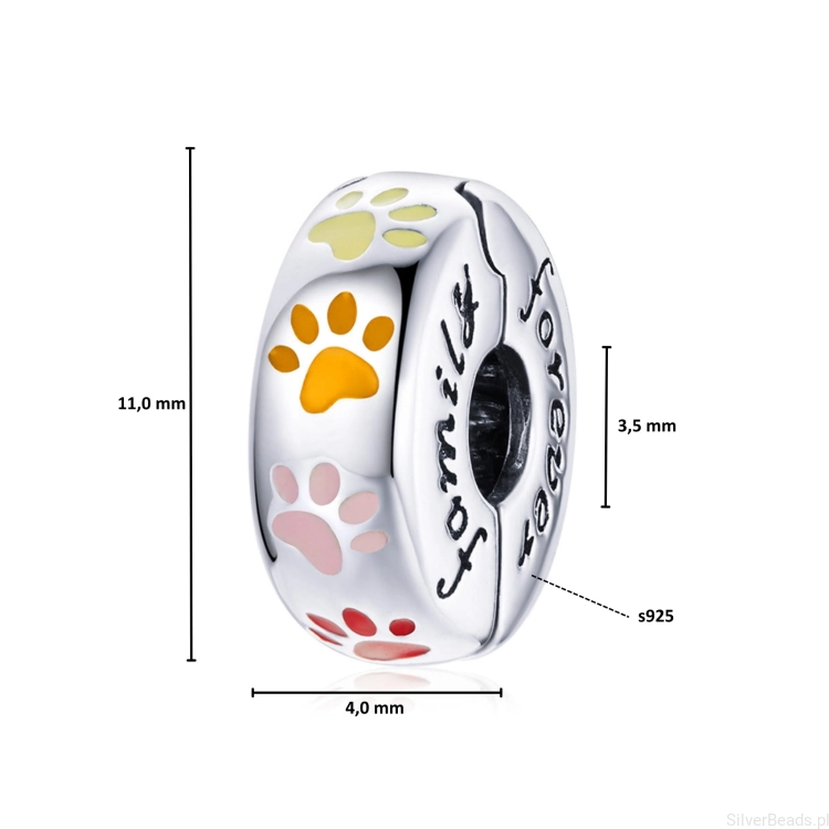 Wymiary koralika charms ze srebra próby 925 beads spinka w psie  łapki