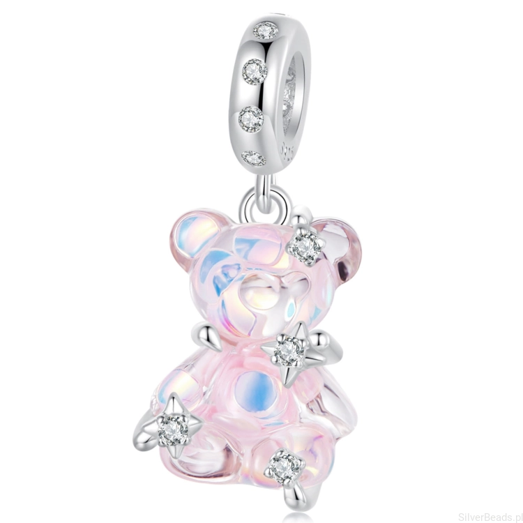 Różowy miś z gwiazdkami srebrny charms zawieszka beads