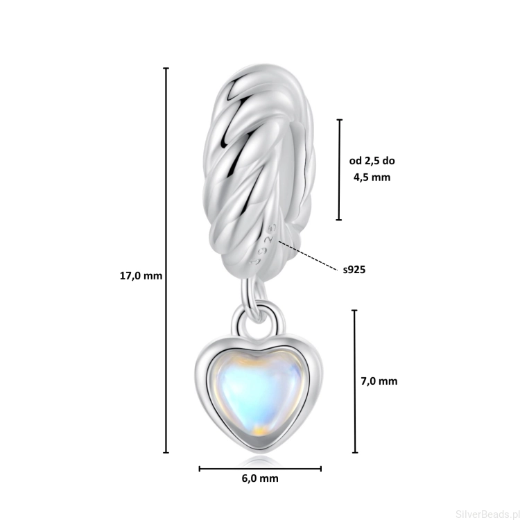 Wymiary koralika charms ze srebra próby 925 beads stoper opalizujące serce