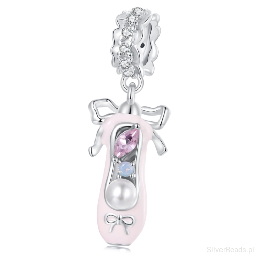 Różowy but baletnicy, balerina srebrny charms zawieszka beads