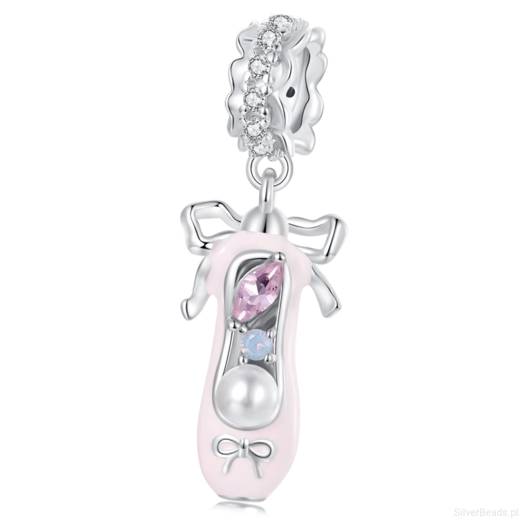 Różowy but baletnicy, balerina srebrny charms zawieszka beads
