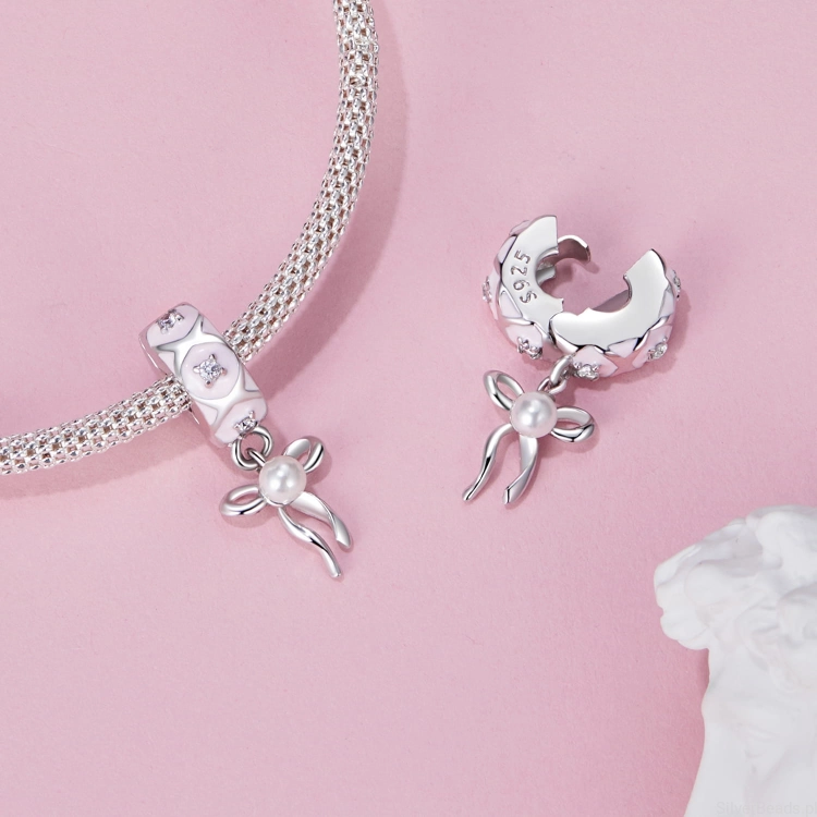 srebrny charms próba 925 klips z perłą