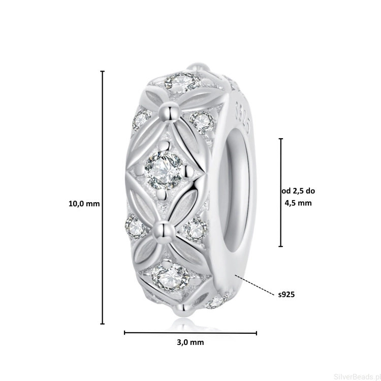 Wymiary koralika charms ze srebra próby 925 beads stoper vintage