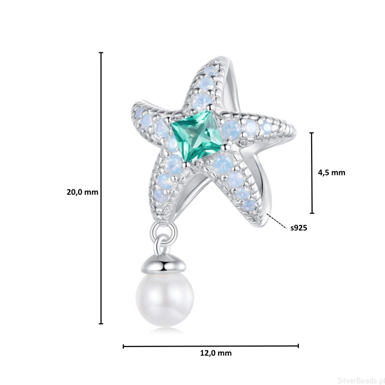Wymiary koralika charms ze srebra próby 925 beads rozgwiazda z perełką
