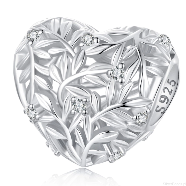 Serce z listków srebrny charms koralik beads srebro 925