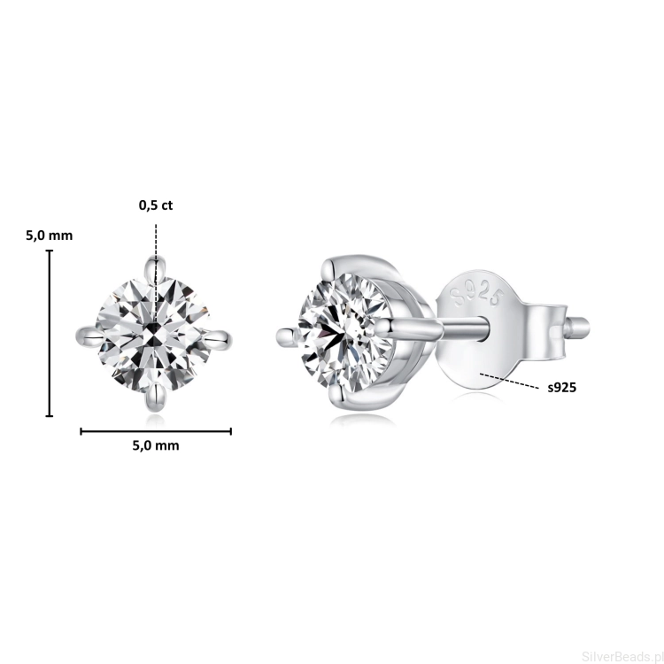 Wielkość i wymiary srebrnych kolczyków z Moissanitem 0,5 ct