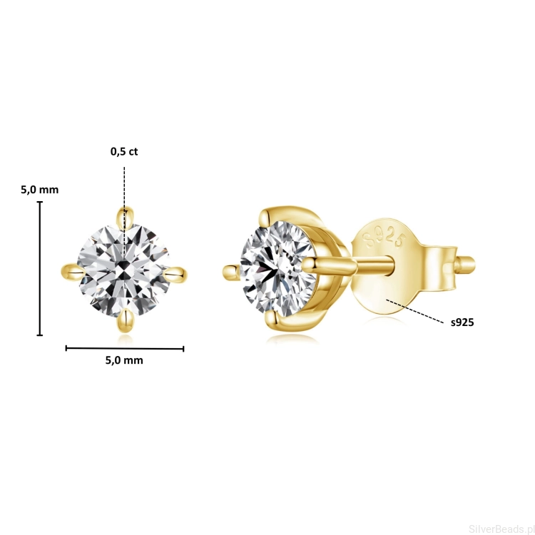 Wielkość i wymiary srebrnych pozłacanych kolczyków z Moissanitem 0,5 ct