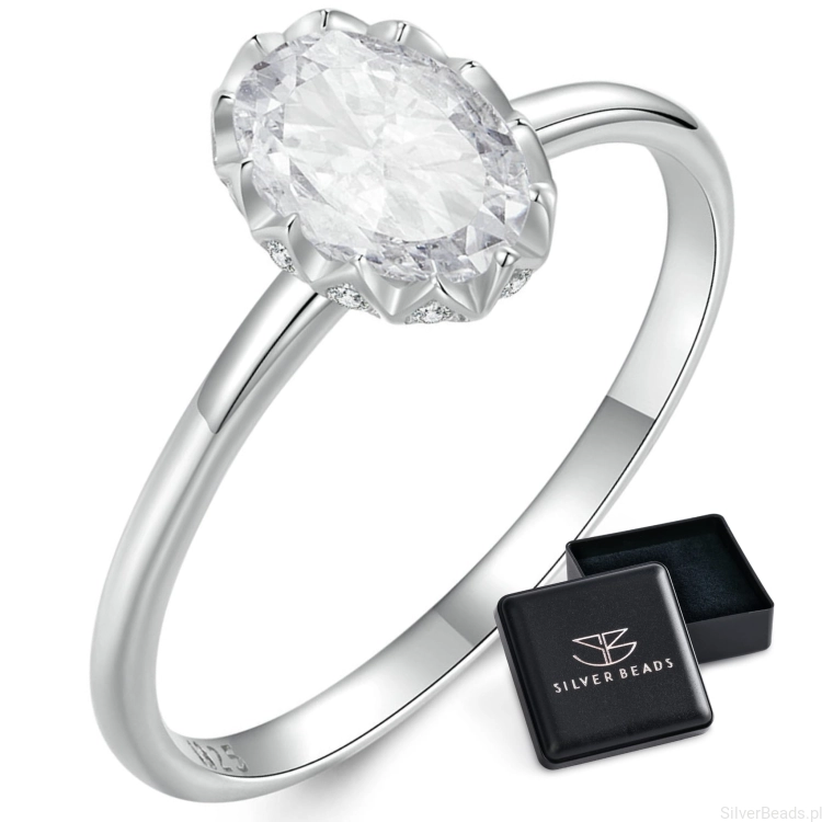 Eleganckie prezentowe pudełeczko gratis do srebrnego pierścionka z owalnym Moissanitem 1,0 ct