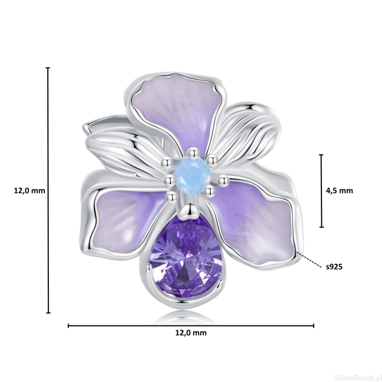 Wymiary koralika charms ze srebra próby 925 beads Fioletowy irys z kryształowym płatkiem