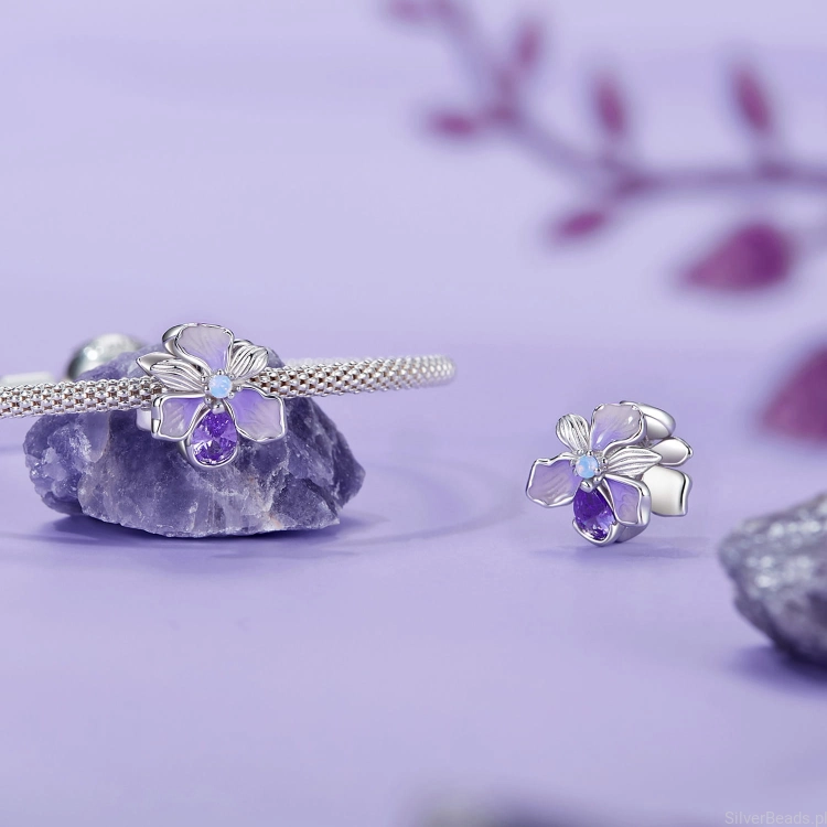 Charms srebro 925 Fioletowy irys  koralik do bransoletki modułowej charms