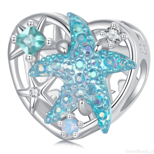 Kryształowa rozgwiazda w serduszku srebrny charms koralik beads srebro 925