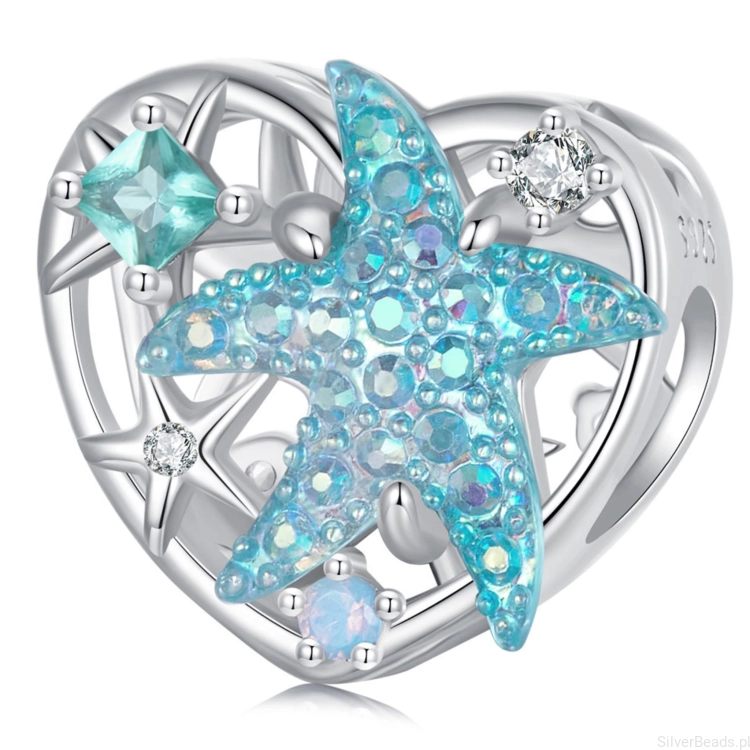 Kryształowa rozgwiazda w serduszku srebrny charms koralik beads srebro 925