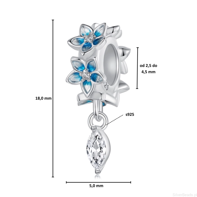 Wymiary koralika charms ze srebra próby 925 beads Pierścień z niebieskich kwiatów