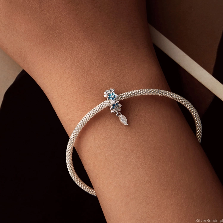 Charms srebro 925 Pierścień z niebieskich kwiatów koralik do bransoletki modułowej charms