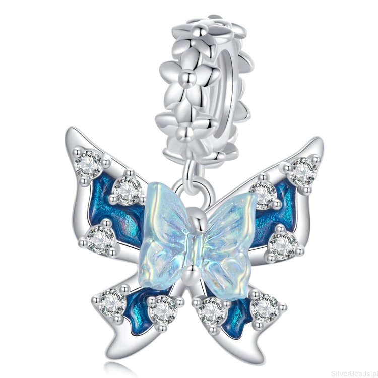 Kryształowy niebieski motyl srebrny charms zawieszka beads srebro 925