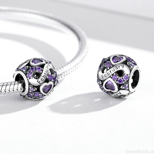Charms ze srebra próby 925 miesiąc luty z fioletowymi kryształkami