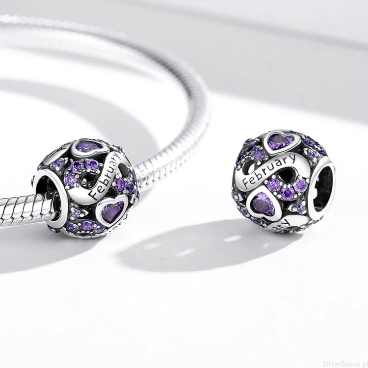 Charms ze srebra próby 925 miesiąc luty z fioletowymi kryształkami
