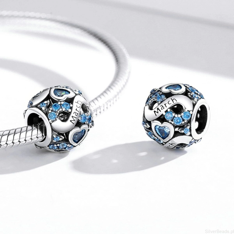Charms ze srebra próby 925 miesiąc marzec z niebieskimi kryształkami