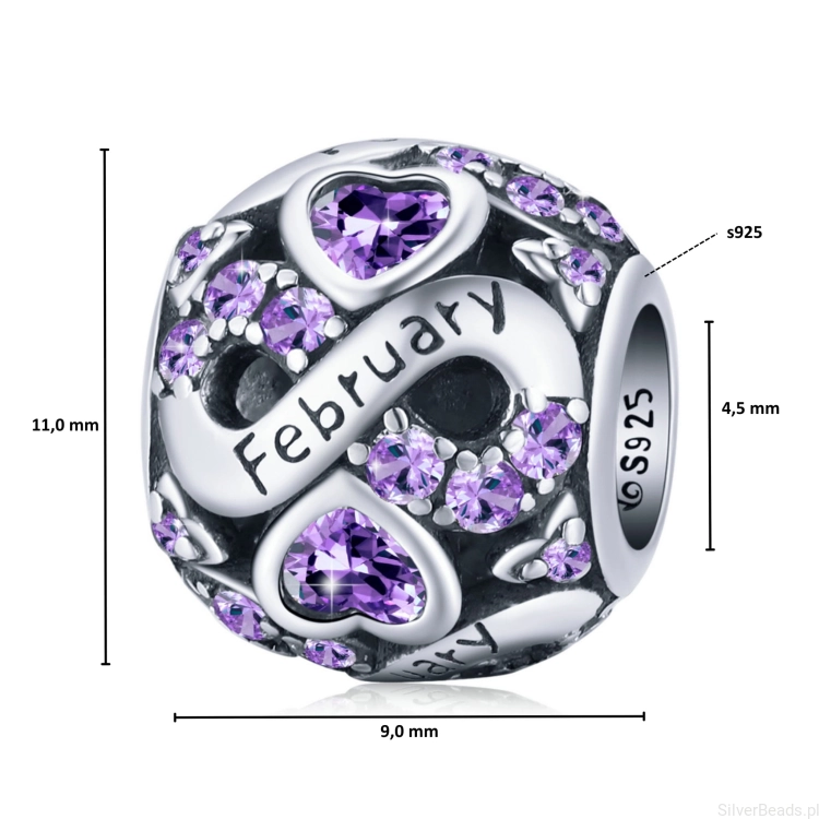 Wymiary koralika charms ze srebra próby 925 beads miesiąc luty
