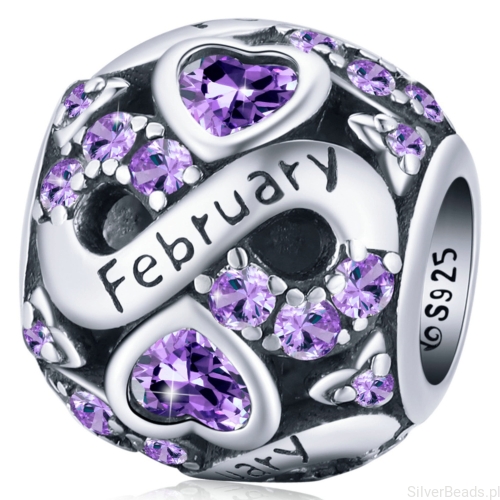 Srebrny charms koralik miesiąc luty z kryształkami beads srebro 925