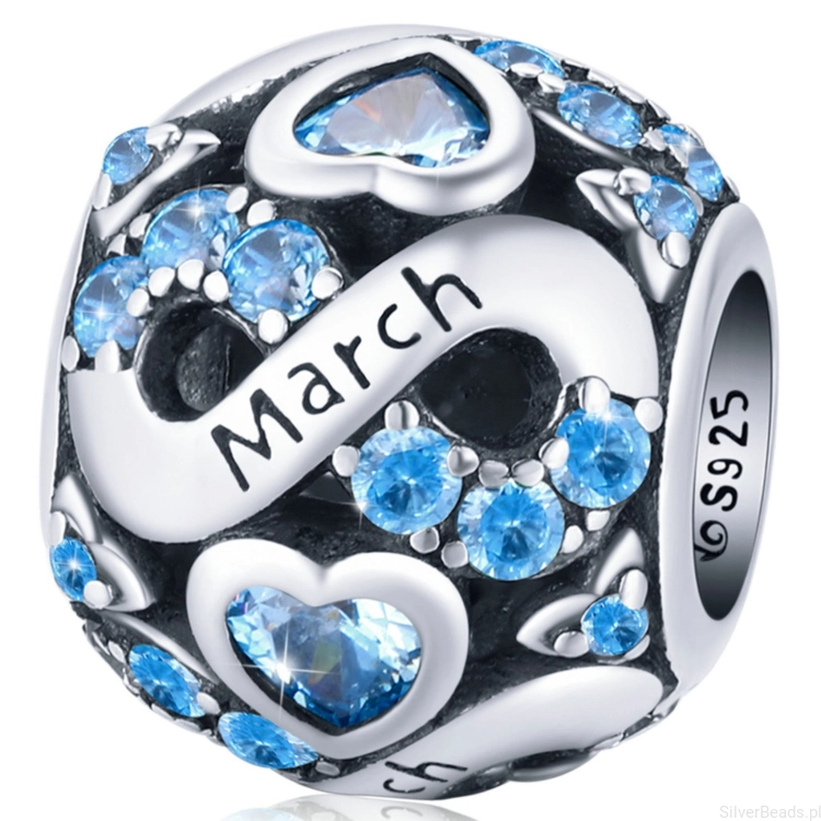 Srebrny charms koralik miesiąc marzec z kryształkami beads srebro 925