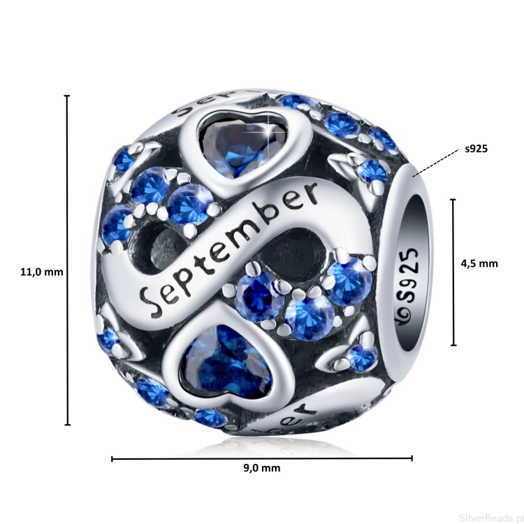 Wymiary koralika charms ze srebra próby 925 beads  miesiąc wrzesień