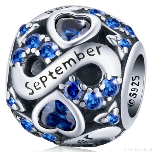 Srebrny charms koralik miesiąc wrzesień z kryształkami beads srebro 925