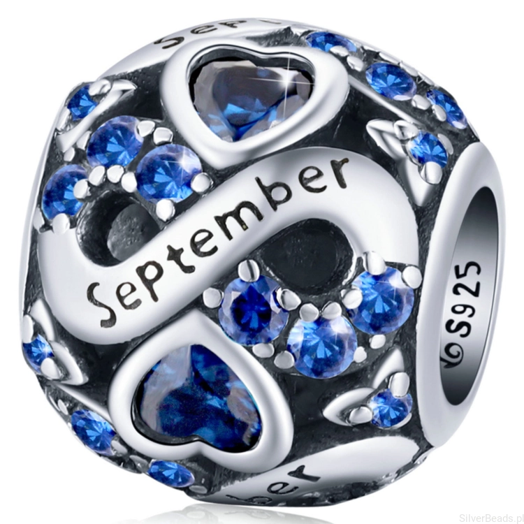 Srebrny charms koralik miesiąc wrzesień z kryształkami beads srebro 925