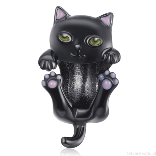 Czarny kotek z zielonymi oczami srebrny charms koralik srebro 925 beads