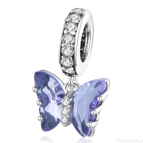 Mały kryształowy motylek w kolorze fioletowym srebrny charms zawieszka beads srebro 925
