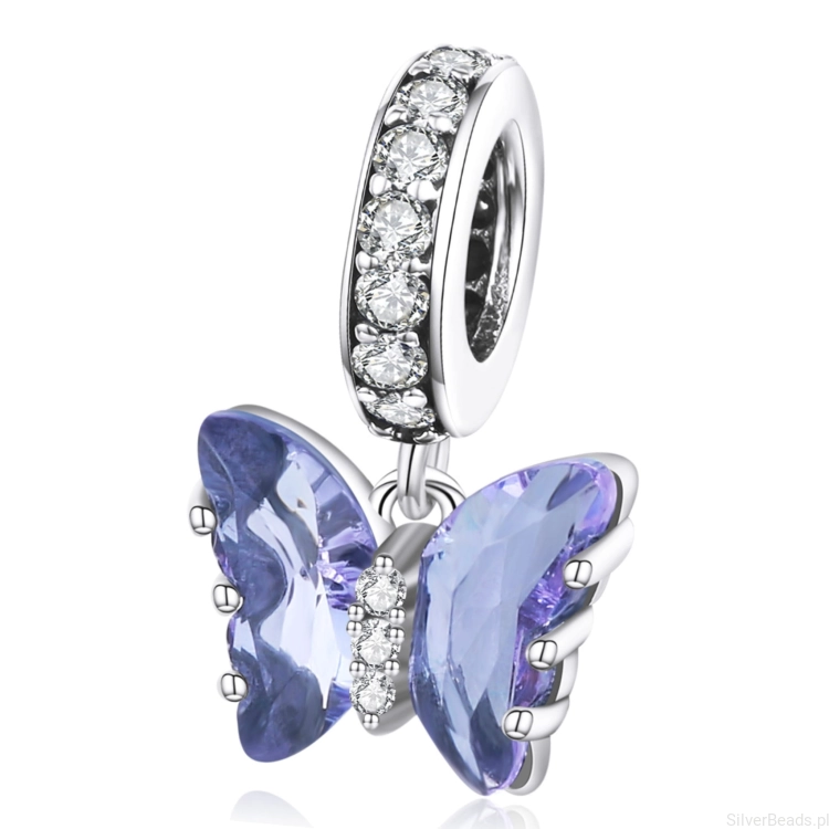 Mały kryształowy motylek w kolorze fioletowym srebrny charms zawieszka beads srebro 925