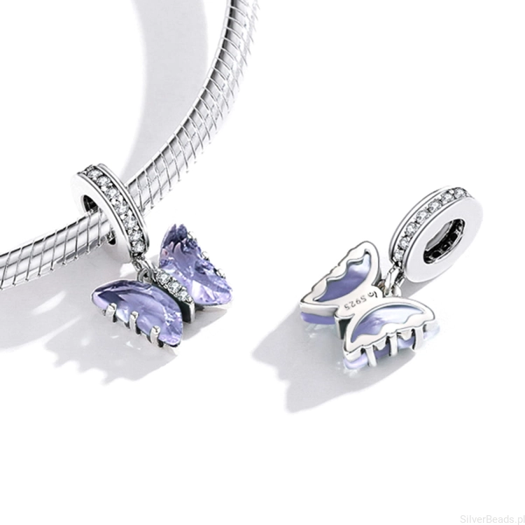 Charms ze srebra próby 925 kryształowy motylek w kolorze fioletowym