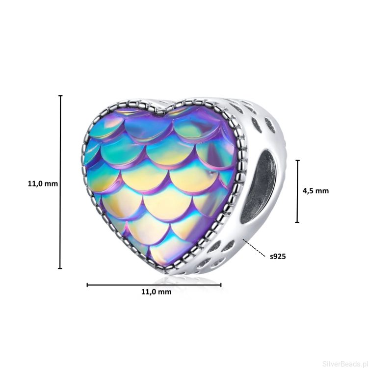 Wymiary koralika charms ze srebra próby 925 beads (Opalizujące serce z łusek
