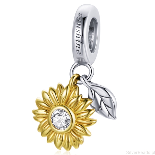 Kwiat słonecznika z grawerem srebrny pozłacany charms zawieszka beads