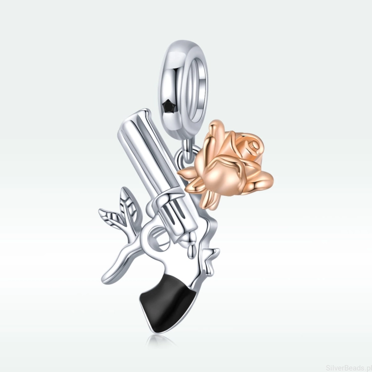 Srebrna modułowa bransoletka typu Pandora i charms Pistolet z różą