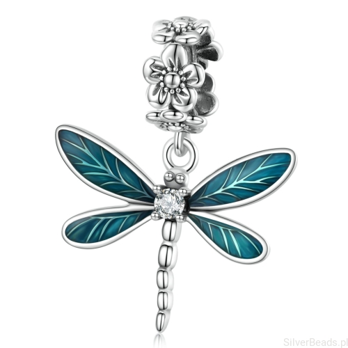 Zielona ważka z pierścieniem z kwiatów charms srebrna zawieszka beads