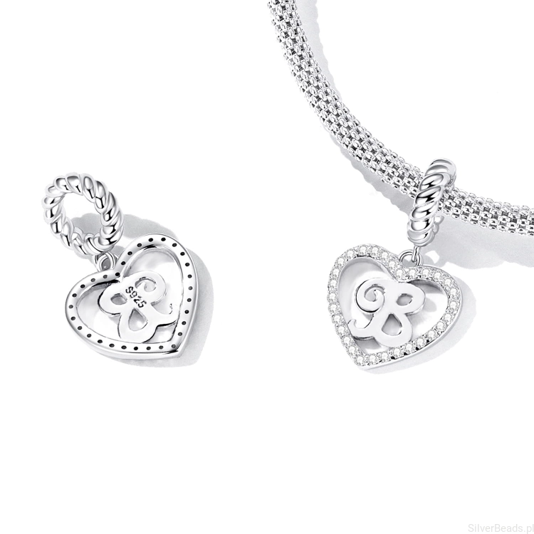 Charms srebro 925 Literka B w serduszku koralik do bransoletki modułowej charms
