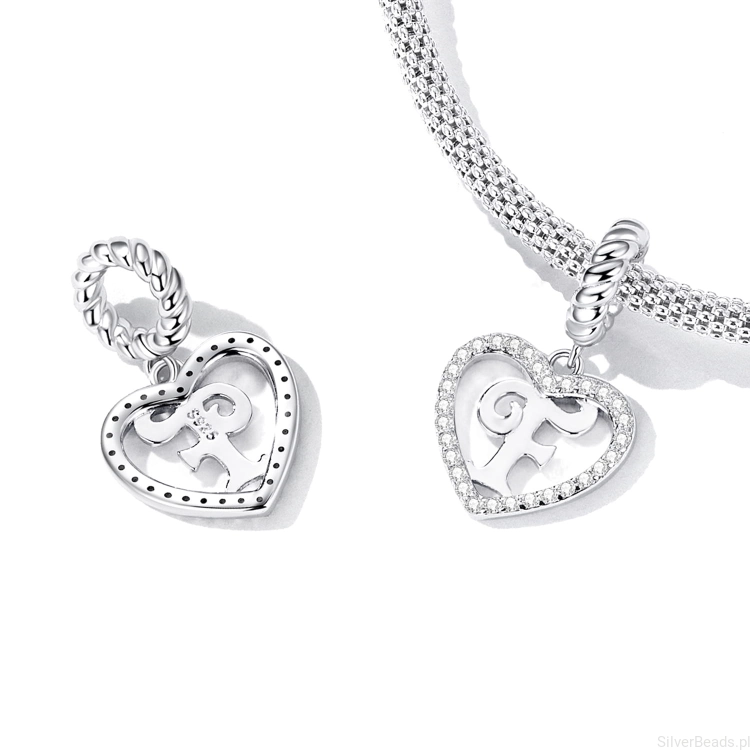srebrny charms próba 925 Literka F w serduszku