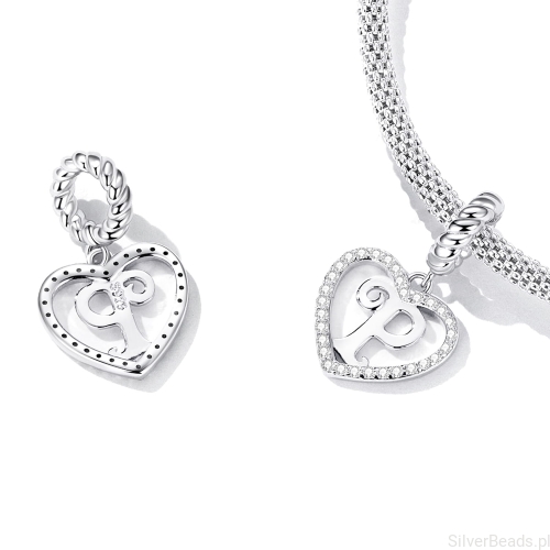 srebrny charms próba 925 Literka P w serduszku