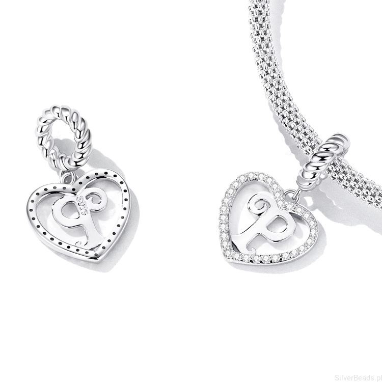 srebrny charms próba 925 Literka P w serduszku