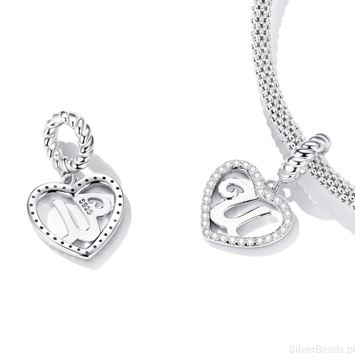 srebrny charms próba 925 Literka U w serduszku