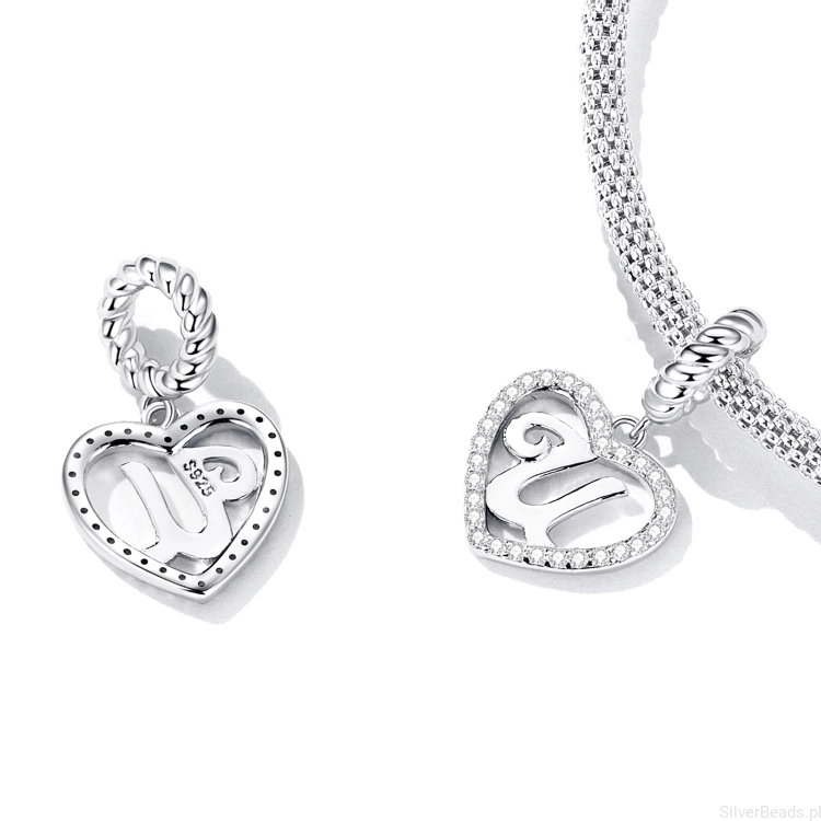 srebrny charms próba 925 Literka U w serduszku