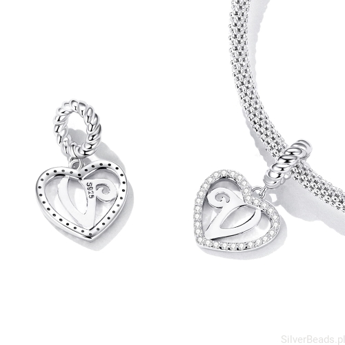 Charms srebro 925 Literka V w serduszku koralik do bransoletki modułowej charms