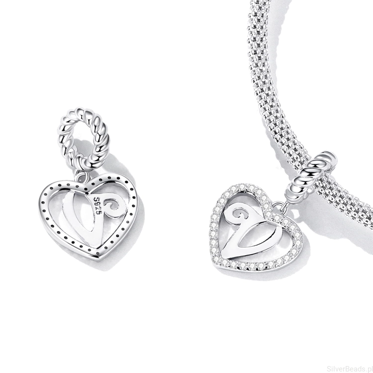 Charms srebro 925 Literka V w serduszku koralik do bransoletki modułowej charms
