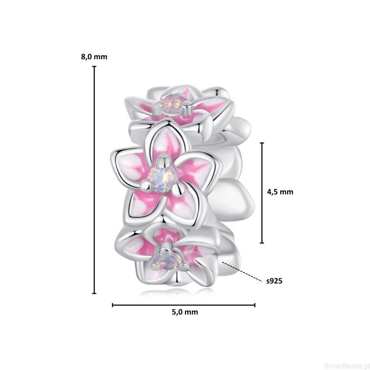 Wymiary koralika charms ze srebra próby 925 beads Różowe drobne kwiatki