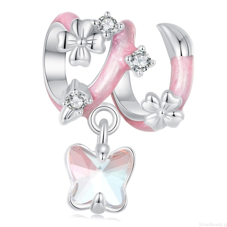 Charms różowa wstążka z kryształowym motylkiem koralik beads srebro 925