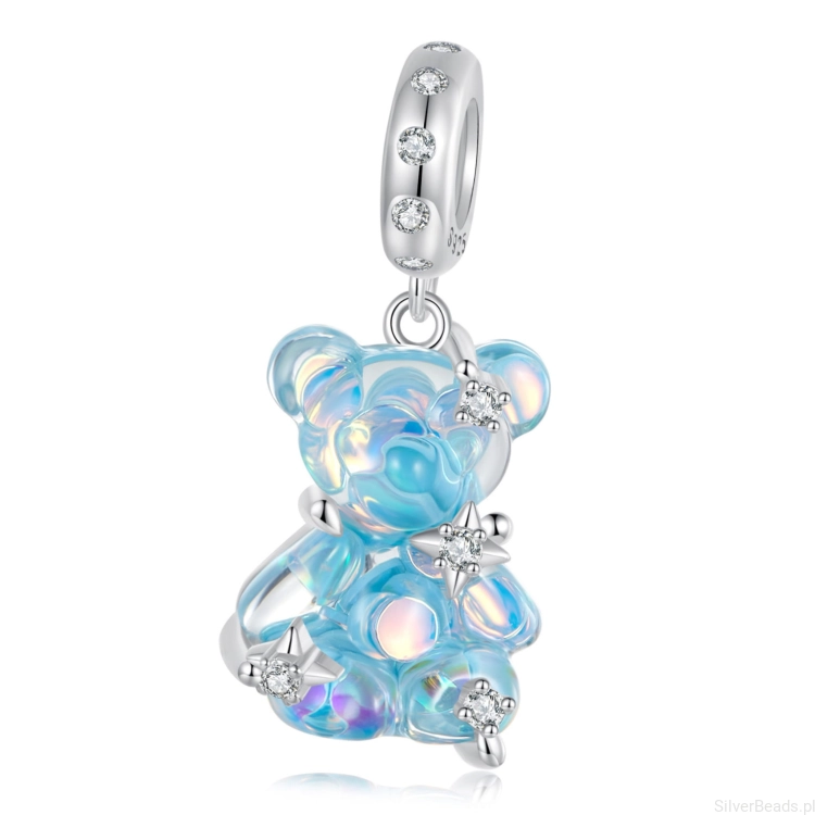 Niebieski miś z gwiazdkami srebrny charms zawieszka beads srebro 925
