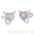 Srebrne kolczyki serca z rogami z opalizujących kryształów sztyfty zakręcane srebro 925